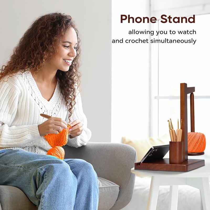 BRWISSEN Wooden Yarn Holder for Crocheting and Knitting with Phone Stand, Crochet Hook Storage, and Magnetic Yarn Ball Holder Spinner - Ideal Gift for Crochet Lovers-Walnut Color - Image 4